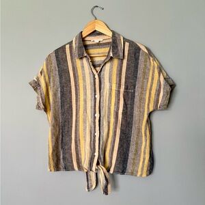 beachlunchlounge Women’s Linen Blend Button-Up Stripe Shirt in Yellow & Gray